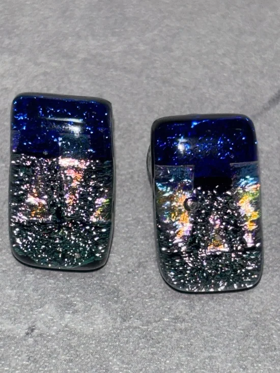 Handcrafted Dichroic Fused Glass Earrings w/ blue and silver shimmering pattern - Picture 4 of 7